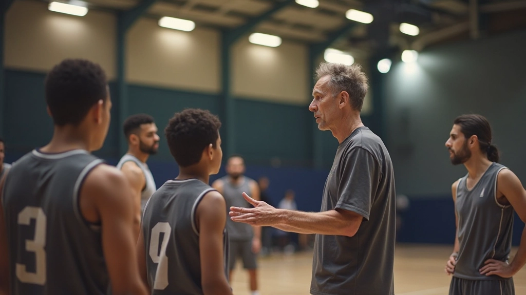 Professional basketball coaching session with team gathered on court