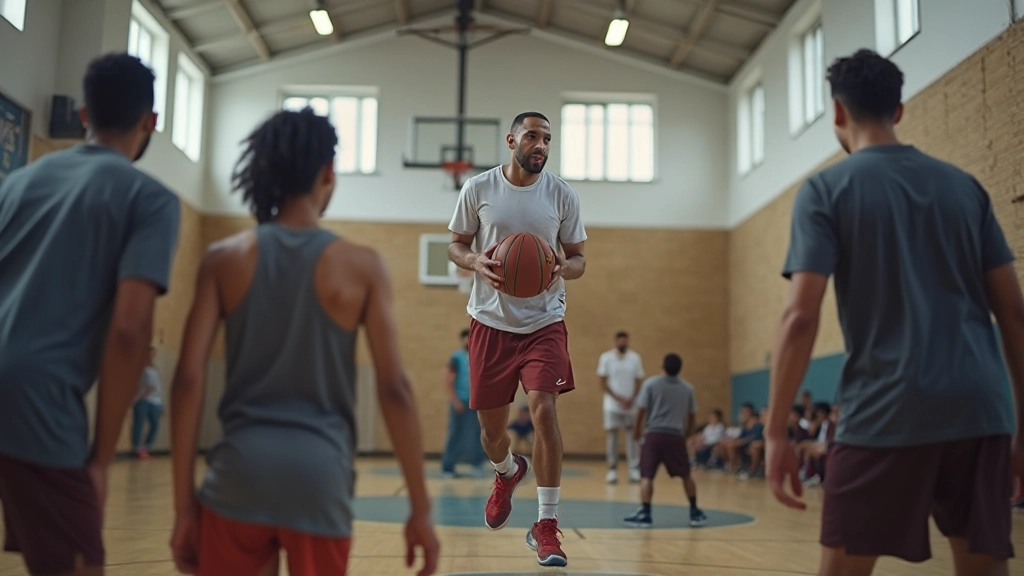 Coach demonstrating proper shooting form technique to basketball players