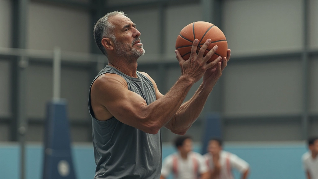 Coach demonstrating proper shooting technique to athlete during court practice session
