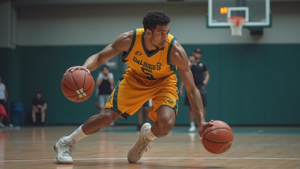 Player executing advanced ball handling and dribbling drills on court