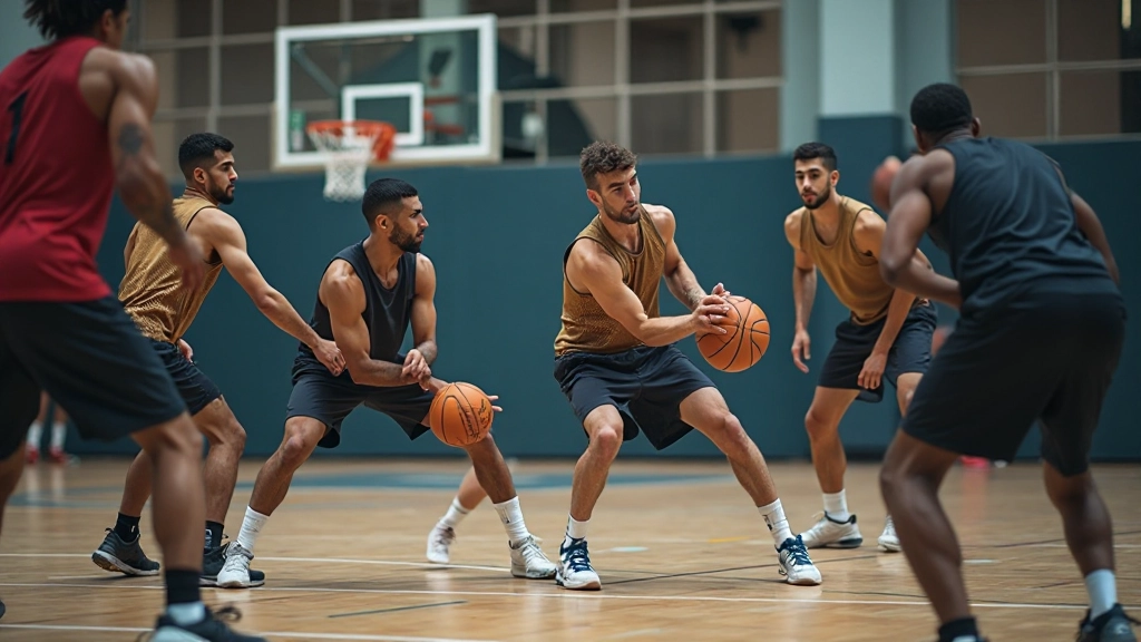 Basketball players executing coordinated ball movement drill demonstrating court positioning and spacing