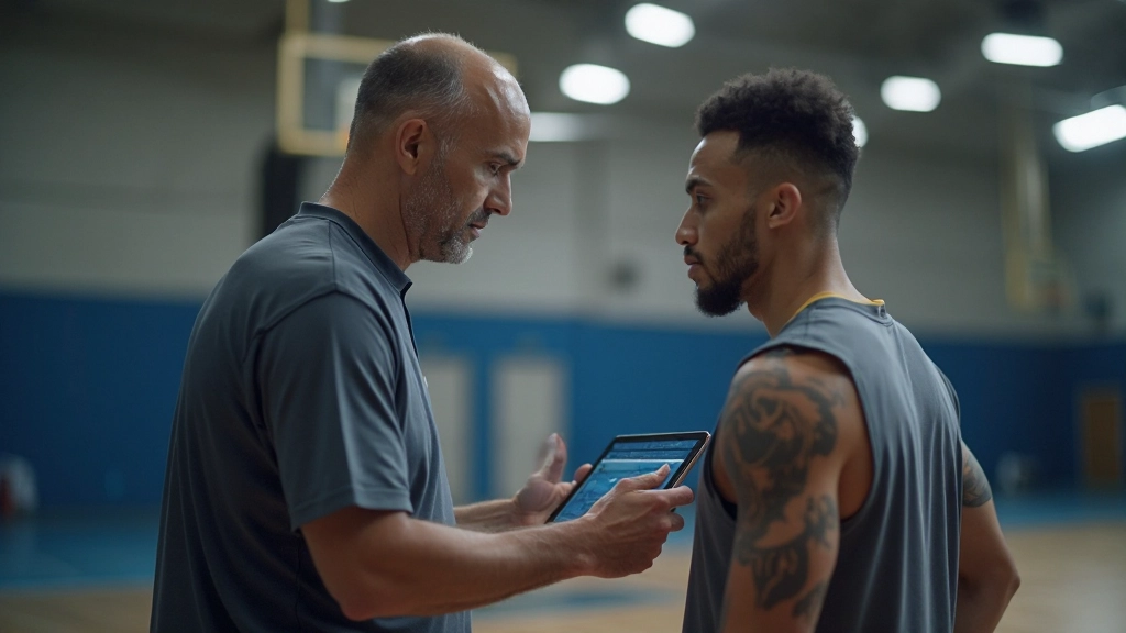 Coach analyzing player performance data and statistics during training session