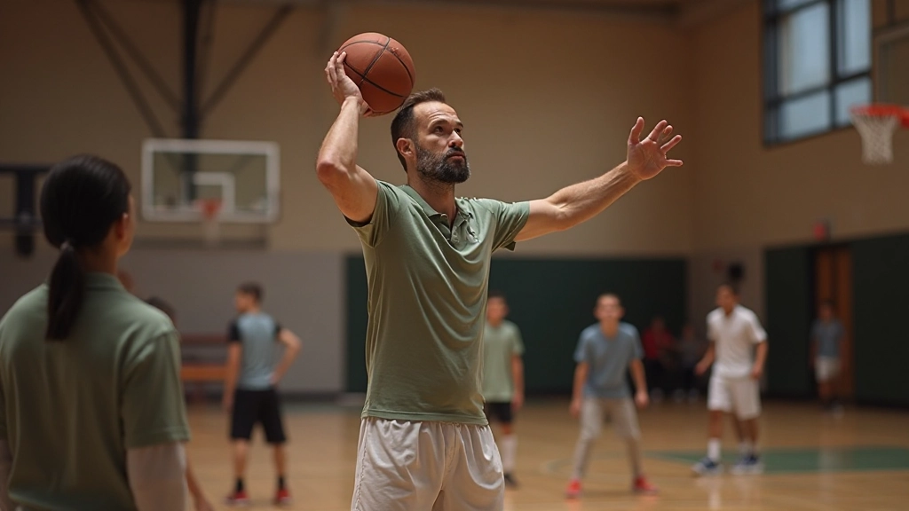 Professional basketball coach demonstrating training techniques to players on court