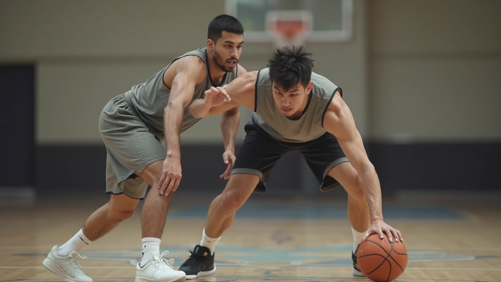 Professional basketball player executing controlled dribbling drill during training session